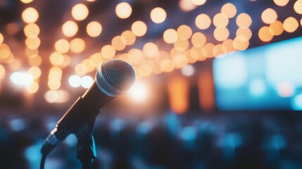 Professional speaker engaging audience at a corporate event, conveying innovation and leadership in a dynamic business setting.