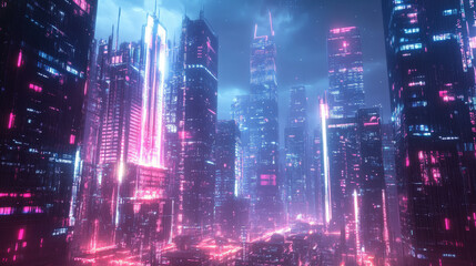 Obraz premium Cyberpunk Neon Cityscape - A Futuristic Metropolis