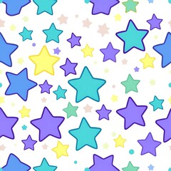 Obraz premium Whimsical Starry Sky Pattern: A cheerful seamless pattern featuring vibrant stars in shades of turquoise, yellow, lavender, and mint, creating a joyful and playful design perfect for textiles.