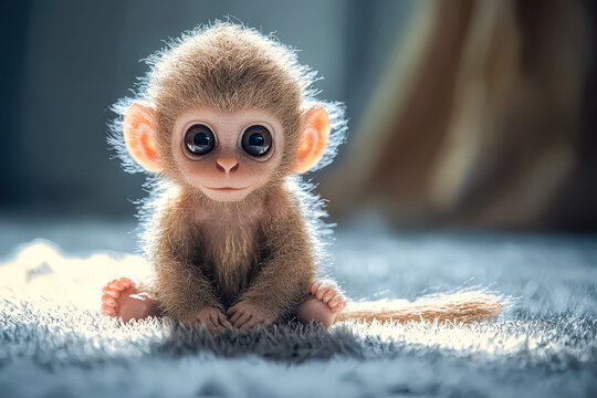 Baby monkey is sitting on the ground with its eyes closed. The monkey is cute and adorable, and it seems to be resting or sleeping