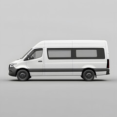 A white van with black accents, parked on a plain background. 