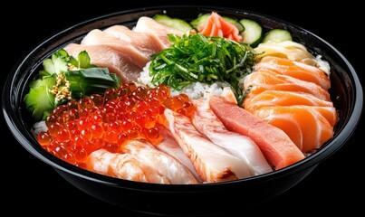 Deluxe seafood rice bowl, restaurant takeout, assorted fish, delicious meal