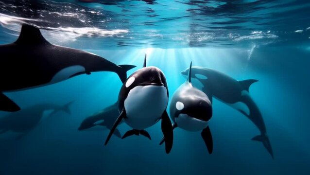 Pod of orcas swimming together underwater in the deep blue ocean, displaying harmony and marine life beauty