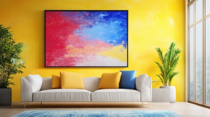 colorful abstract painting in yellow room with sofa and plants