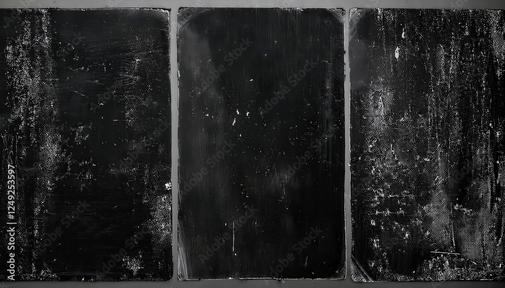 Poster abstract black triptych texture with distressed surface patterns for minimalist art, wall decor, or 