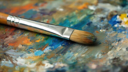 Fototapeta premium A paintbrush lying on a colorful artist's palette covered with mixed oil or acrylic paints in various shades of blue, orange, and yellow.