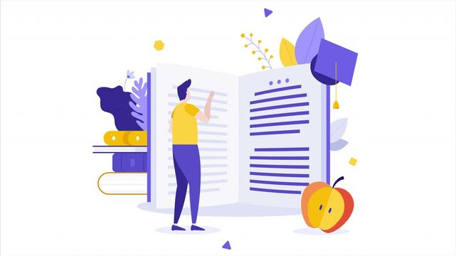 Education Concept book reading animation, animation book with a pile of books and a man reading to get concept ideas suitable for learning and graduating. 2d animation