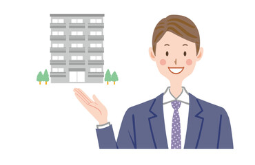 マンションを案内するスーツの男性のイラスト　不動産　家　営業	