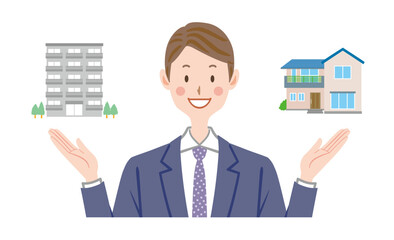 一戸建て　マンション　選択肢を提案するスーツの男性のイラスト　不動産　営業