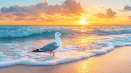 Obraz premium Seagull sunset beach ocean wave sunrise landscape
