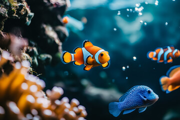 Fototapeta premium Group of fish swimming in a tank, one of which is orange and white. The tank is filled with coral and other sea life