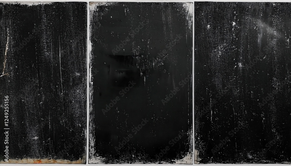 Poster abstract black triptych texture with distressed surface patterns for minimalist art, wall decor, or 