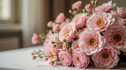 A bouquet of pink roses is arranged on a table, with the stems visible. The flowers are in full bloom and are arranged in a way that creates a sense of elegance and beauty