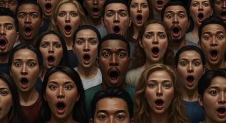 A crowd of diverse people expressing shock or surprise