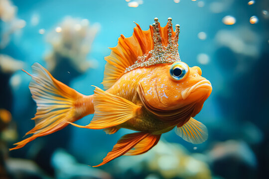 Fish with a crown on its head is swimming in a tank. The fish appears to be sad or unhappy
