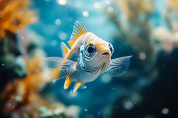 Obraz premium Fish is swimming in a tank with a lot of algae. The fish is yellow and has a black eye