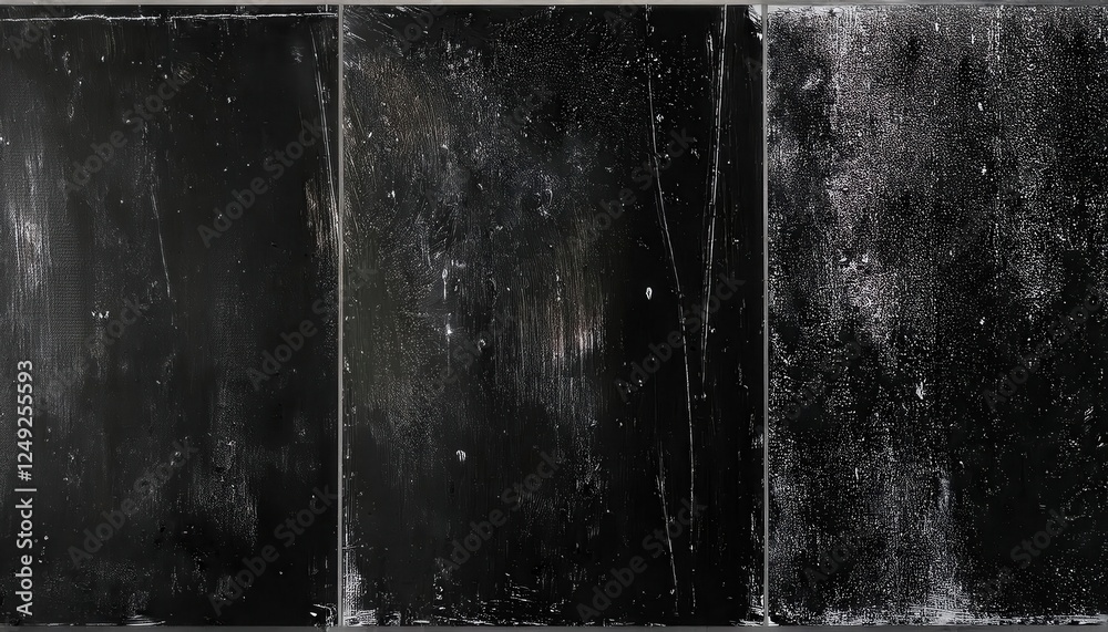 Poster abstract black triptych texture with distressed surface patterns for minimalist art, wall decor, or 