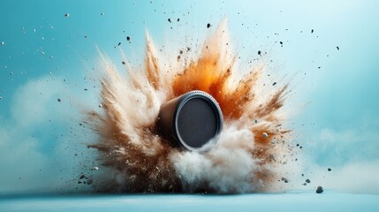 A dramatic representation of a speaker bursting, sending particles and dust flying in every...