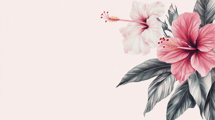 Obraz premium Hibiscus flowers with lush green leaves on soft background