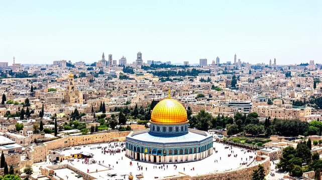 Golden Dome of Al Aqsa Mosque: A Majestic Aerial Drone View. Experience the breathtaking beauty and spiritual significance of this iconic Jerusalem landmark from a unique perspective. Capture the     