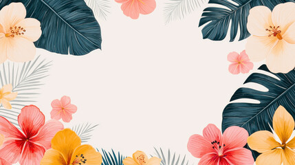 Fototapeta premium Tropical floral frame with vibrant hibiscus and banana leaves