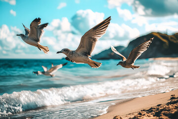 Naklejka premium Three seagulls flying over the ocean. The sky is blue and the water is calm