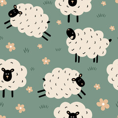 Seamless pattern with cute sheep and flowers in a flat style.