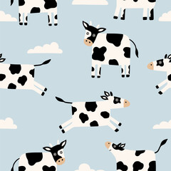 Seamless pattern with cute cows and fluffy clouds on a blue background in a flat style.