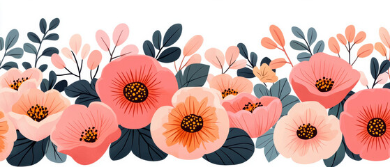 Floral border with vibrant pink and peach flowers and green leaves