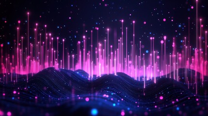 Abstract Technology Background with Glowing Lights and Wavy Landscape