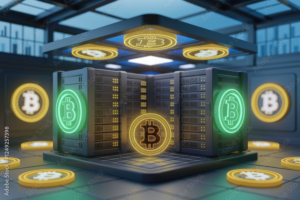 Poster Bitcoin mining server farm, futuristic data center with glowing Bitcoin symbols, illustrating cryptocurrency technology.