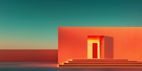 Ultra modern cyberpunk party concept. Creative entrance to luxury night club. Neon lights. Banner style. Cool atmosphere. Text space. Outdoor shot