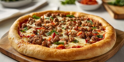 Delicious fresh pizza topped with flavorful sausage, ripe tomatoes, and vibrant green peppers. Perfect for sharing or enjoying alone in a cozy setting. A great dish for any occasion. AI
