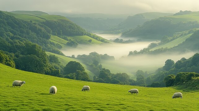 Sheep graze misty valley sunrise, pastoral landscape, idyllic scenery, nature photography