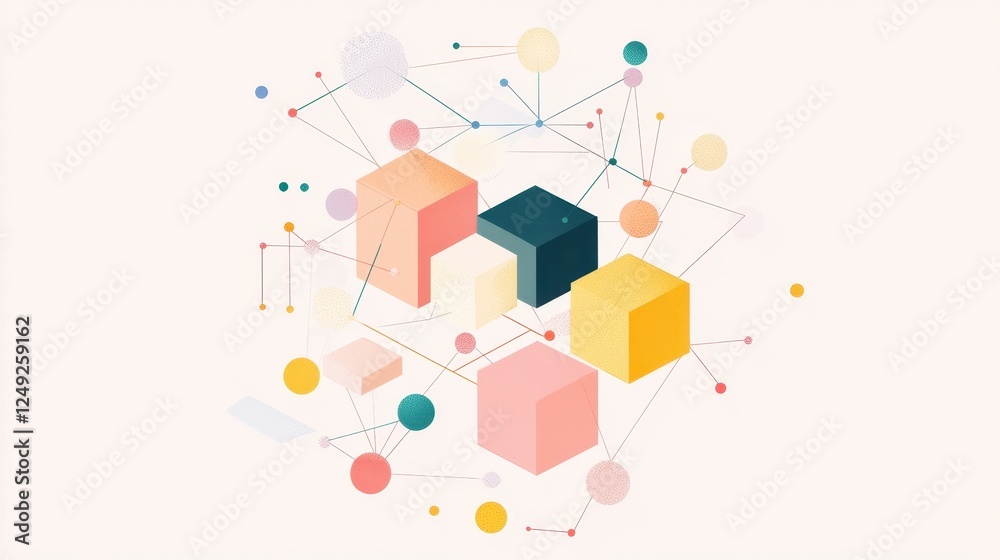 Poster abstract geometric shapes and colorful nodes connected with lines in a modern design composition