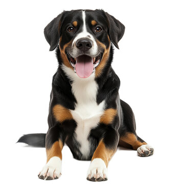 Happy Sennenhund Dog Sitting on White Background