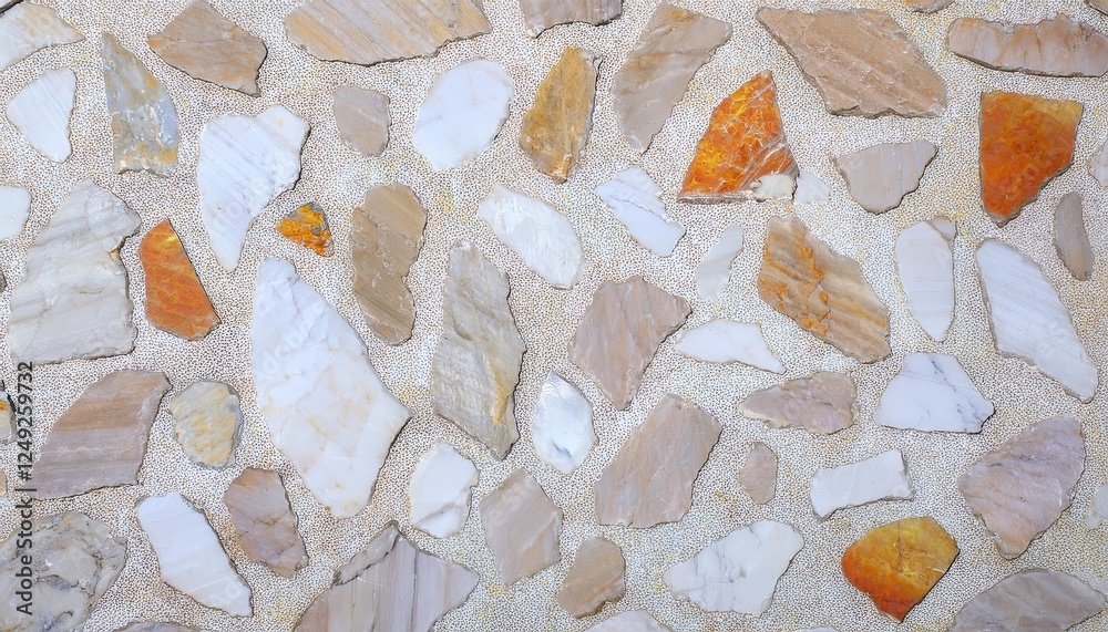 Poster irregular stone wall texture with beige and orange tones, natural decorative background for rustic a