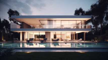 Obraz premium A modern farmhouse-style home exterior at dusk