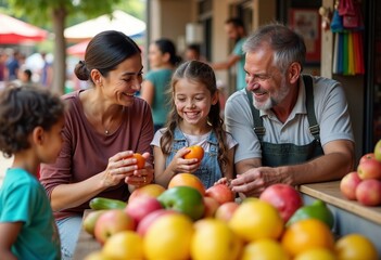 Fototapeta premium Vibrant Market Experience: Joyful Family Exploring Local Culture, with Children Tasting Exotic Fruits, Grandparents Chatting, and Parents Browsing Crafts.