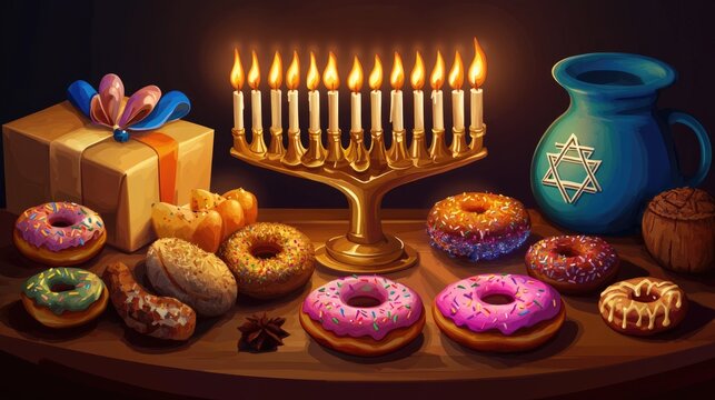 Colorful donuts and traditional Hanukkah candles arranged on a table, symbolizing the joyous celebration of the Jewish holiday.