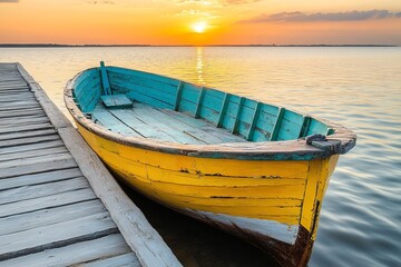 Obraz premium Colorful wooden boat resting at the dock during a vibrant sunset by the serene waters
