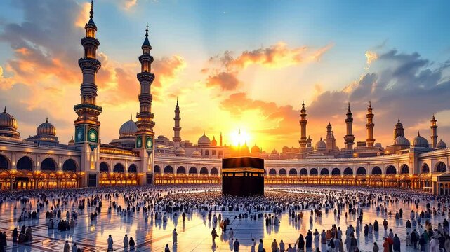 Majestic Masjid al-Haram: A breathtaking artistic rendering of Islam's holiest mosque in Mecca, showcasing its intricate architecture, vibrant colors, and spiritual significance. Ideal for religious, 