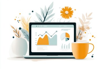 A colorful vector illustration of a laptop with multiple application windows open