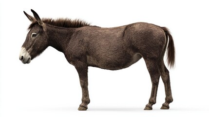 Fototapeta premium Realistic side view of a standing brown donkey with detailed fur and expression on a white background