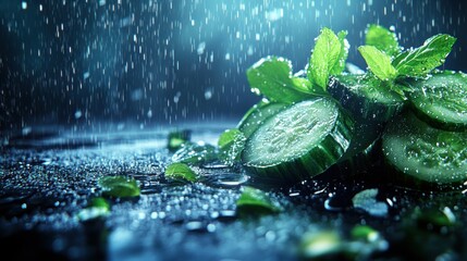 Fresh Slices of Cucumber with Mint Leaves in Water Background