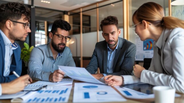 Executive Team Reviewing Quarterly Business Performance Report with Detailed Charts and Strategic Discussions in a Polished Corporate Boardroom. Emphasizing Analysis and Data-Driven Decision Making