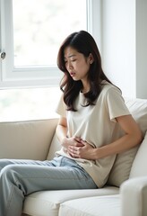 Obraz premium 胃痛緩和：ミニマリストインテリアの白いソファで顔をしかめる日本人女性、明るい自然光、カジュアルな服、心配そうな表情。