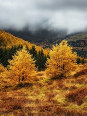 Vibrant yellow trees in a mountain forest during the autumn season. Overcast skies with misty, foggy atmosphere on the slopes.