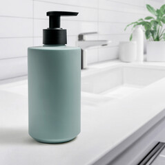 A beautifully designed modern bathroom scene showcasing stylish blue soap dispenser mockup