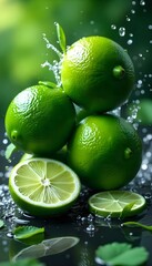 Fresh Green Limes Splashing in Water with Leaves, lime Fruits with Water Splash and Lush Green Leaves, Fresh Limes Splashing Water Green Leaves, Limes with water splashing on a green background